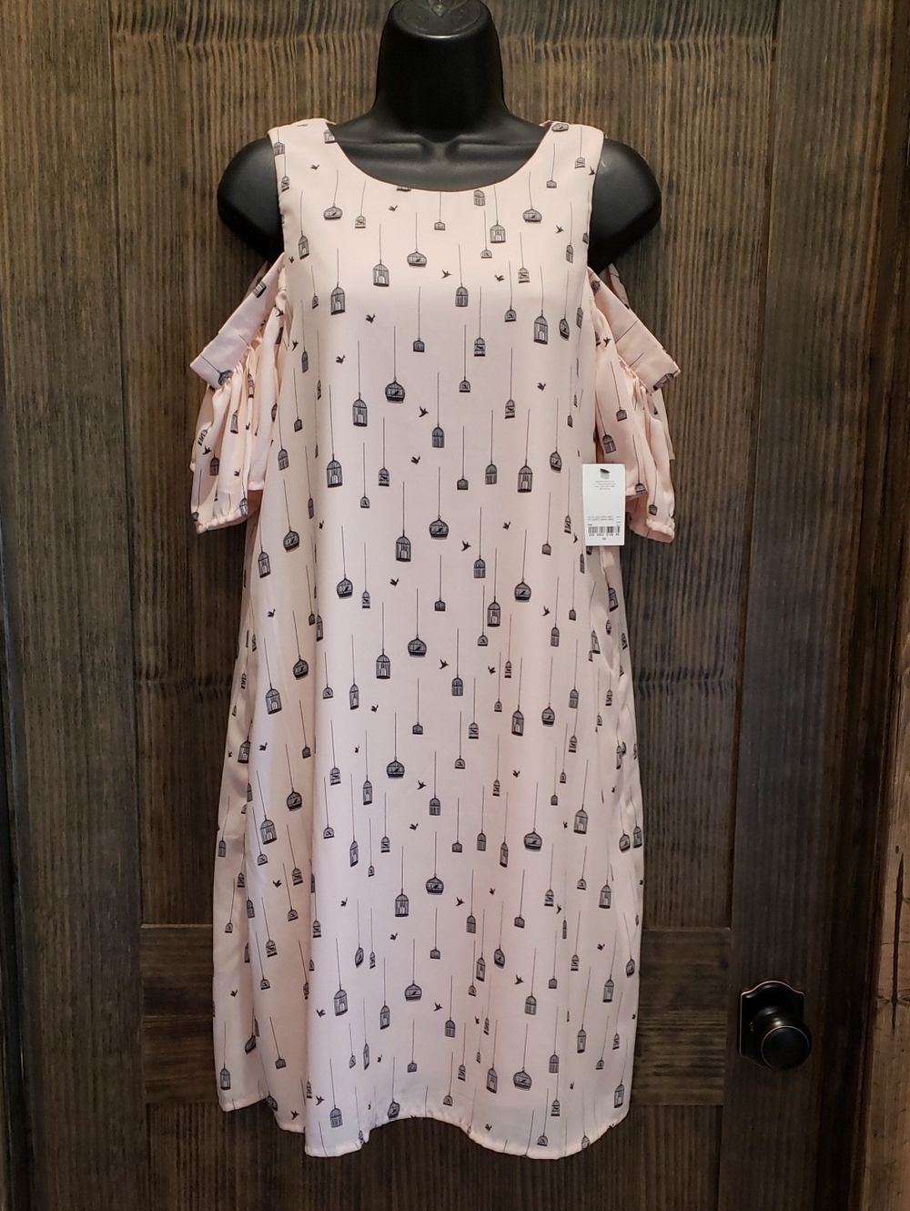 Blush Pink Cold-Shoulder Midi Dress with Bird Print 10R